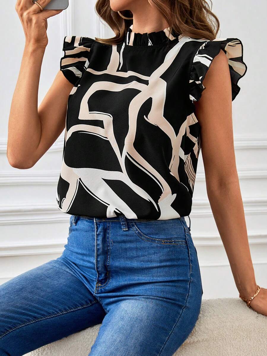 Camicia da donna con colletto alto, maniche a balze e bordi con volant, con stampa a motivo