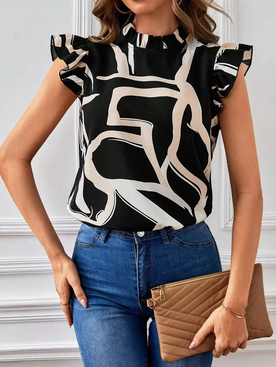Camicia da donna con colletto alto, maniche a balze e bordi con volant, con stampa a motivo