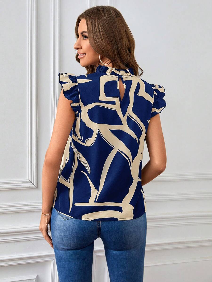 Camicia da donna con colletto alto, maniche a balze e bordi con volant, con stampa a motivo