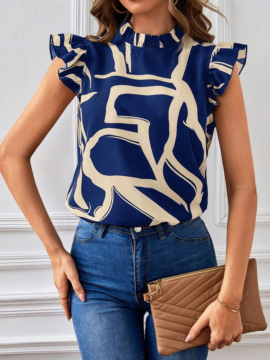 Camicia da donna con colletto alto, maniche a balze e bordi con volant, con stampa a motivo