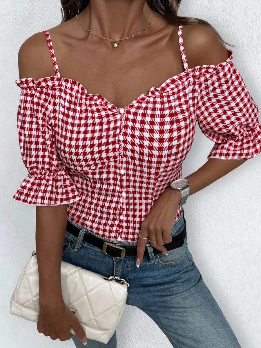 Camicia estiva casual da donna a quadri con volant e bottoni