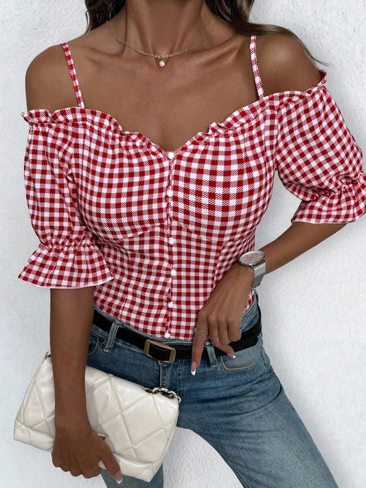 Camicia estiva casual da donna a quadri con volant e bottoni