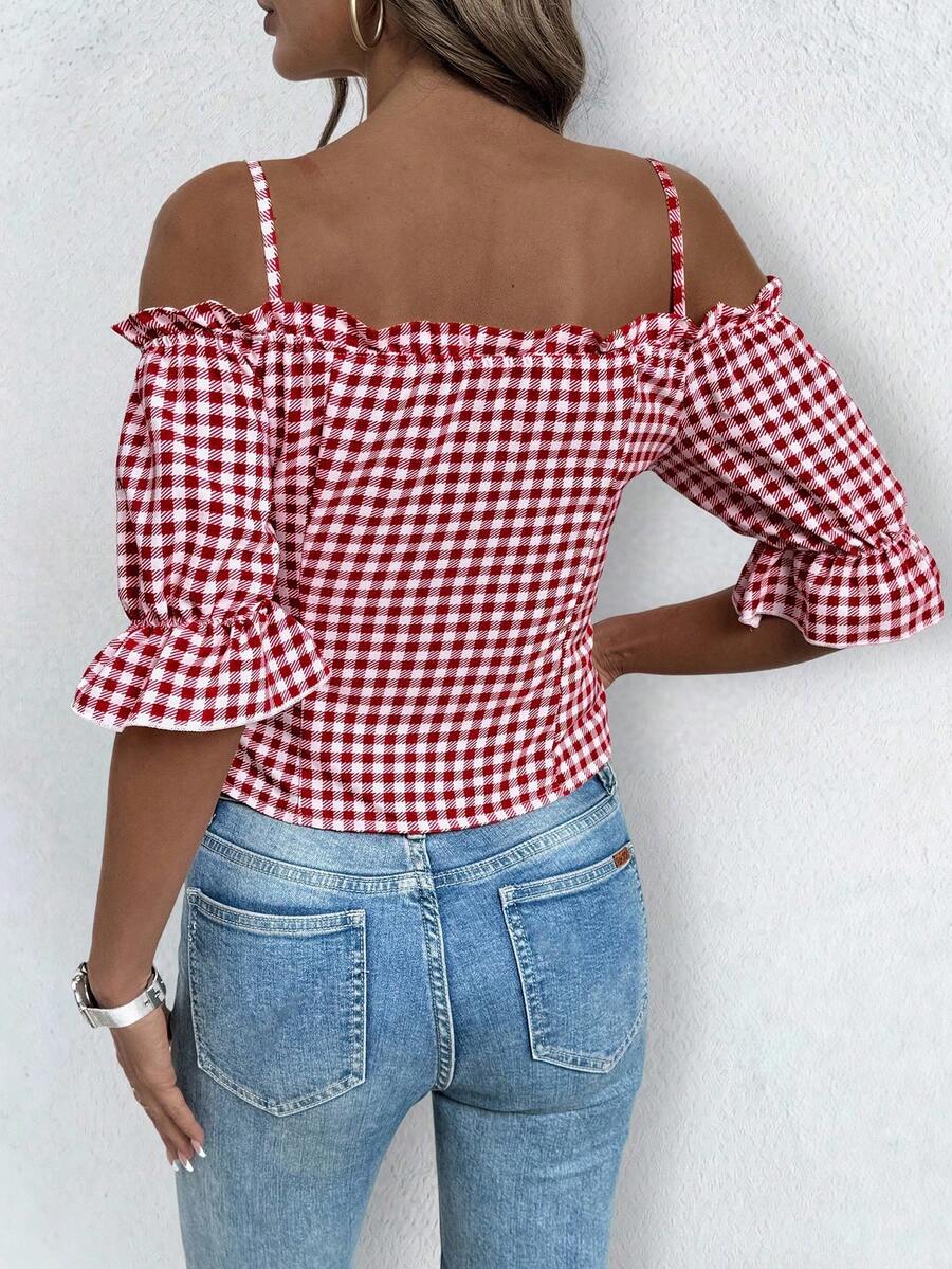 Camicia estiva casual da donna a quadri con volant e bottoni