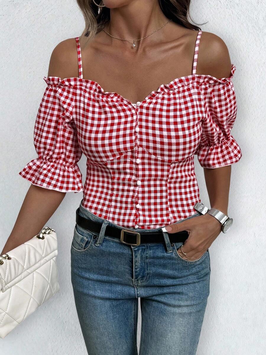 Camicia estiva casual da donna a quadri con volant e bottoni