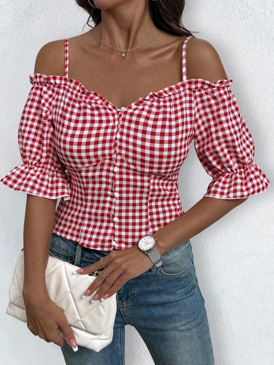 Camicia estiva casual da donna a quadri con volant e bottoni